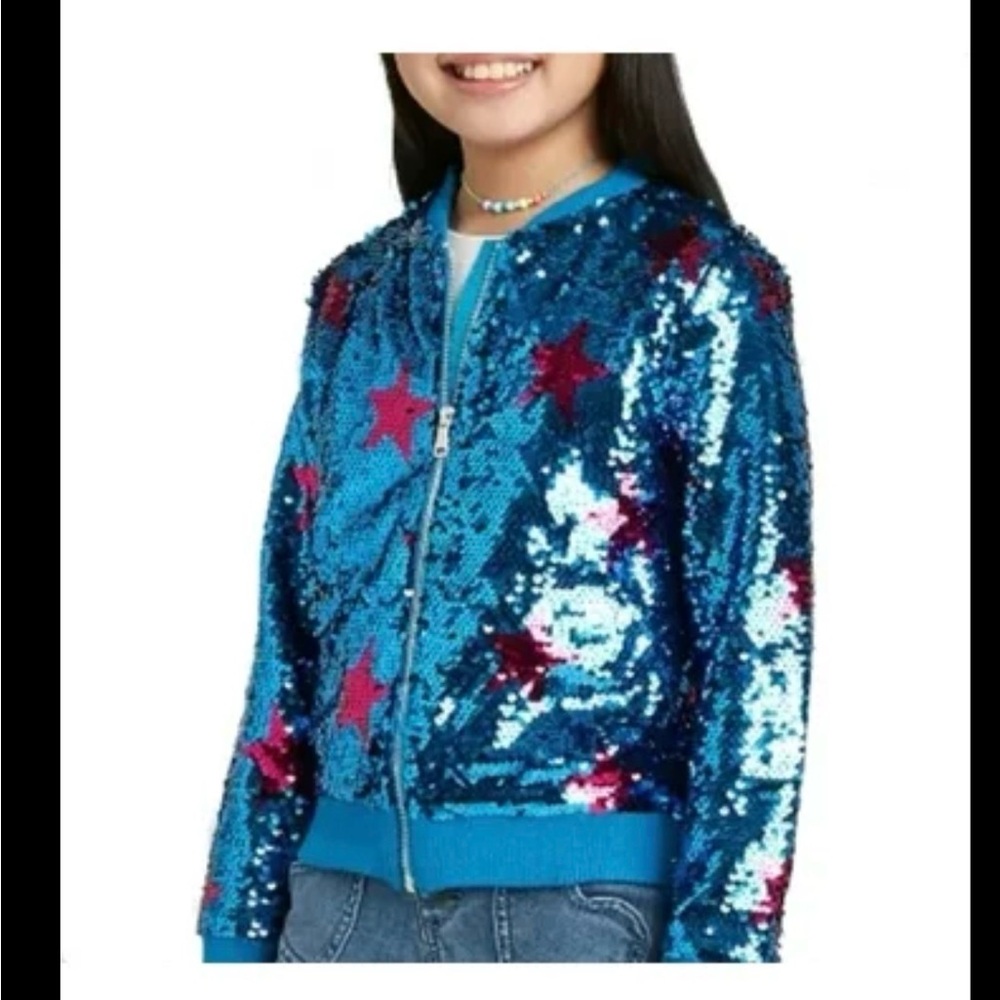 JoJo Siwa Blue Sequin Star Bomber Jacket with Pink Stars
